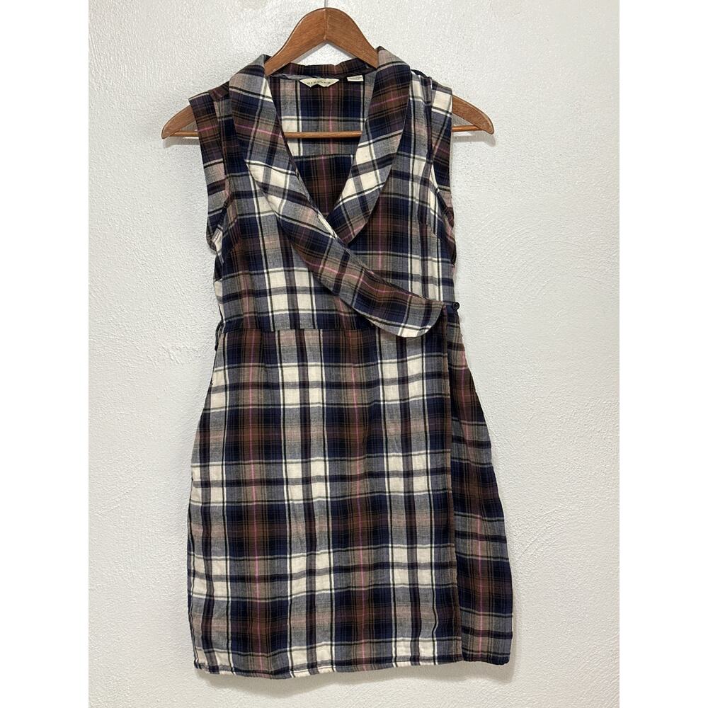 11-1-TYLHO Wrap Dress XS Blue Brown Soft Flannel Plaid Preppy Country Western